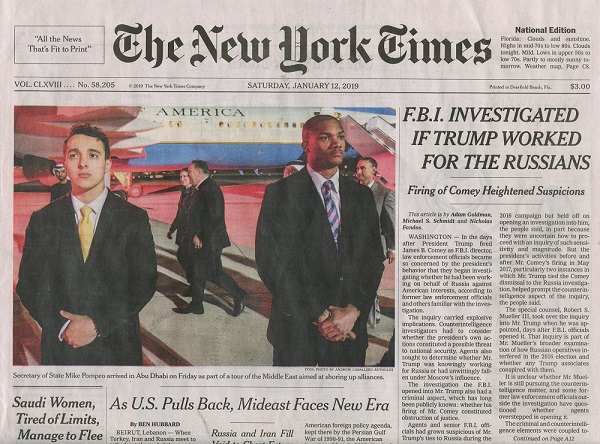 NY Times 1-12-2019 headline - FBI Trump-Russia Probe