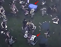 Weapons distributed from carts (arrows) and back-packs to rioters at firing range