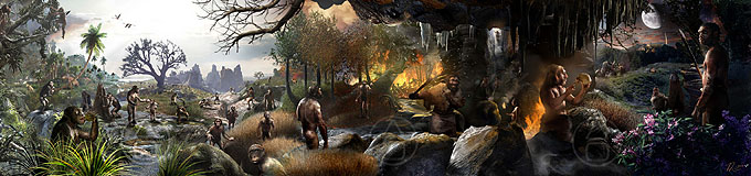 Hominin Origins Mural by Viktor Deak - A panorama of characters from the 7 million year evolution of our Homininae Subfamily" alt="Hominin Origins Mural by Viktor Deak - A panorama of characters from the 7 million year evolution of our Homininae Subfamily