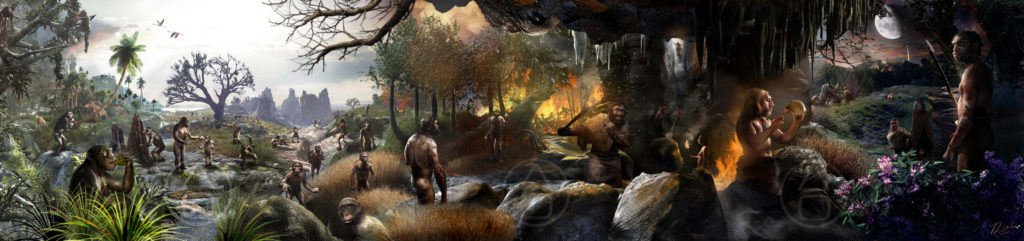 Hominin Origins Mural by Viktor Deak - A panorama of characters from the 7 million year evolution of our Homininae Subfamily" alt="Hominin Origins Mural by Viktor Deak - A panorama of characters from the 7 million year evolution of our Homininae Subfamily