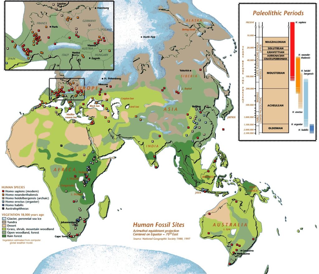 Map of localities of paleolithic hominids in Africa-Eurasia